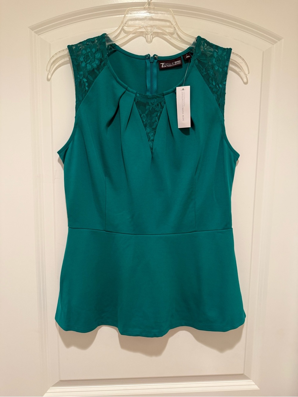 New York and Company Teal Lace-Shoulder Peplum Top - Picture 3 of 17